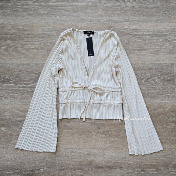 Lulus Staying Optimistic Champagne Pleated Bell Sleeve Top Small New With Tags - Picture 1 of 15